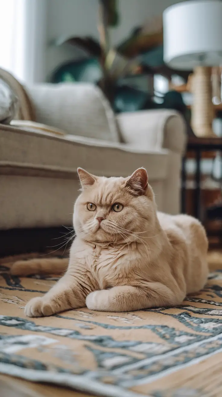A Golden British Shorthair cat lounges on a rug in a cozy living room