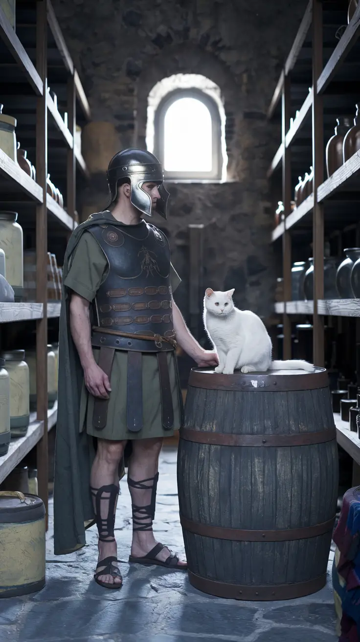 A Roman soldier stands with a British Shorthair cat in a storeroom. A Roman soldier stands with a white British Shorthair cat in a storeroom