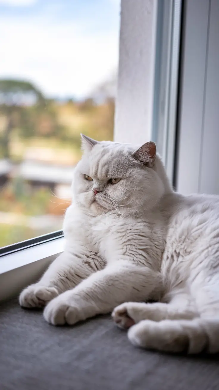 A White British Shorthair cat resting on a window sill. A White British Shorthair cat resting on a window sill