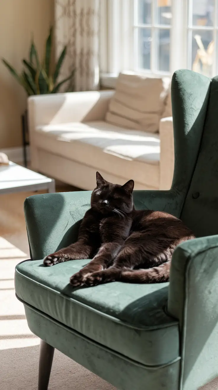 A black British Shorthair cat relaxes on a green armchair in a sunlit living room. A black British Shorthair cat relaxes on a green armchair in a sunlit living room