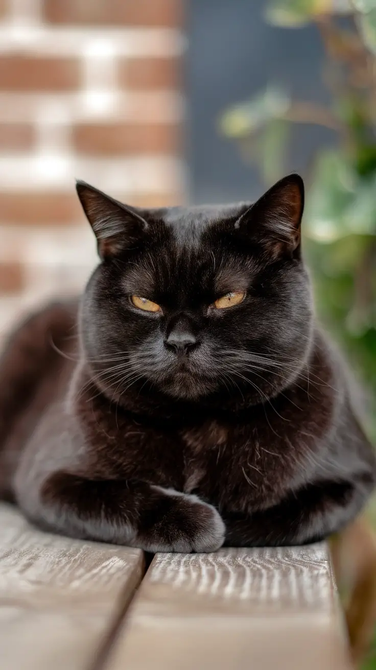 A black British Shorthair cat rests peacefully with golden eyes. A black British Shorthair cat rests peacefully with golden eyes