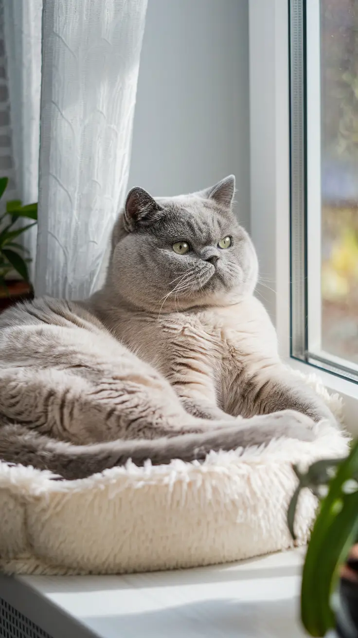 A British Shorthair cat lounges on a sunny windowsill. A blue-cream British Shorthair cat lounges on a sunny windowsill