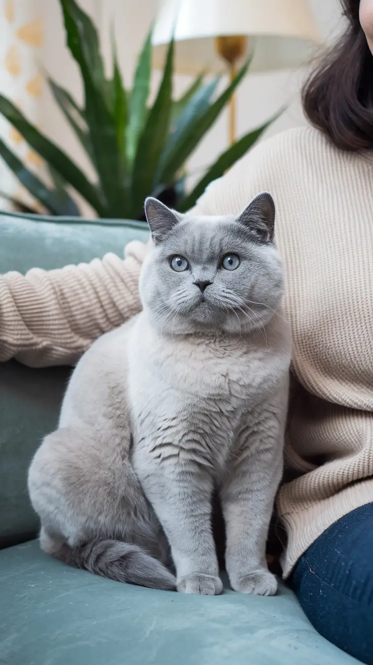 A British Shorthair cat sits calmly next to its owner on a sofa. A blue-cream British Shorthair cat sits calmly next to its owner on a sofa.