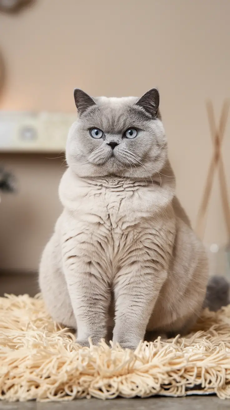 A plush Persian cat sits regally on a cream shag rug. A blue-cream fur color British shorthair cat sits regally on a cream shag rug