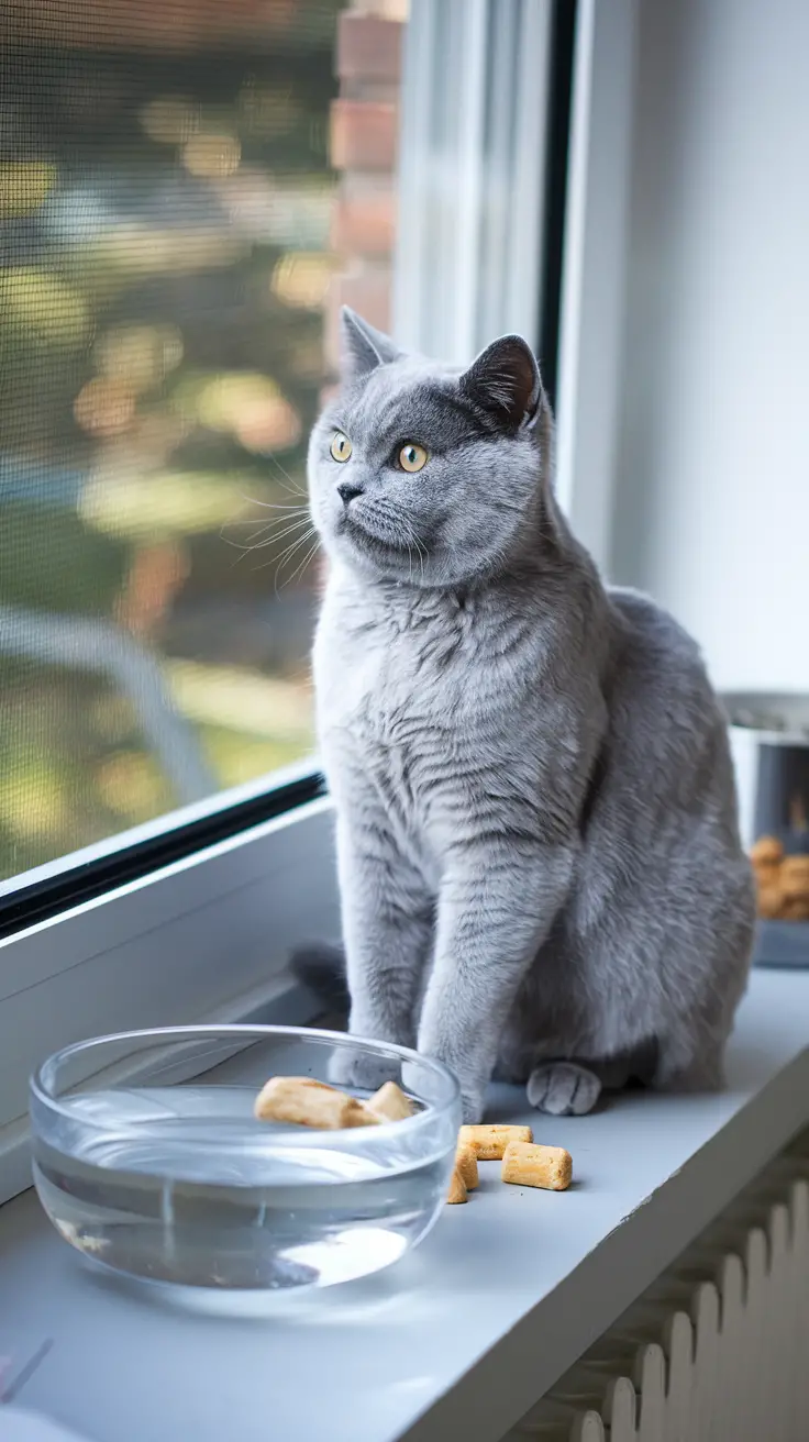 A blue-grey British Shorthair cat sits on a windowsill next to a water bowl and treats