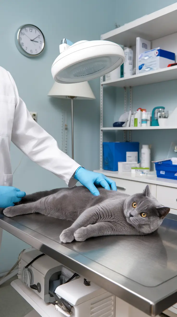 A blue-grey British Shorthair cat undergoes a veterinary check-up