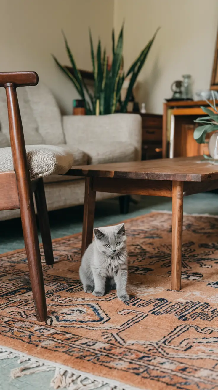 A blue-grey British Shorthair kitten cautiously explores a cozy, lived-in living room
