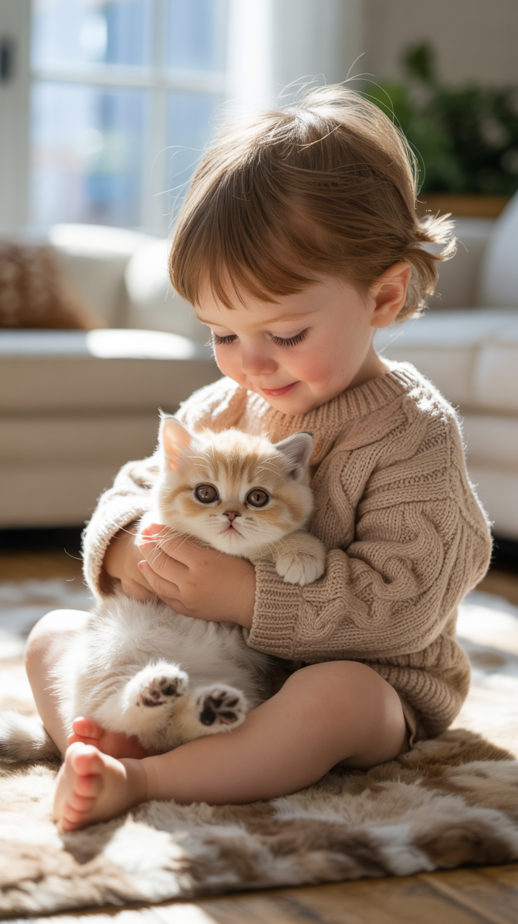 A child cradles a small cream British shorthair kitten in a cozy living room