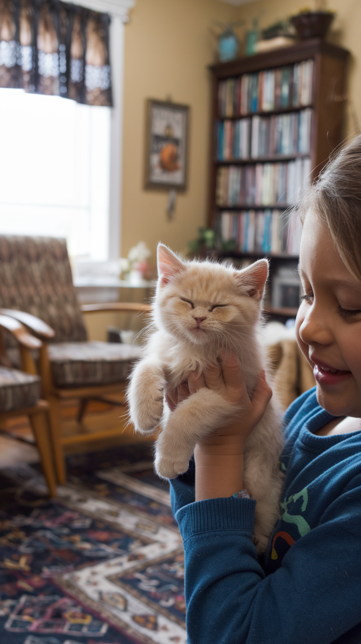 A child cradles a small cream British shorthair kitten in a cozy living room