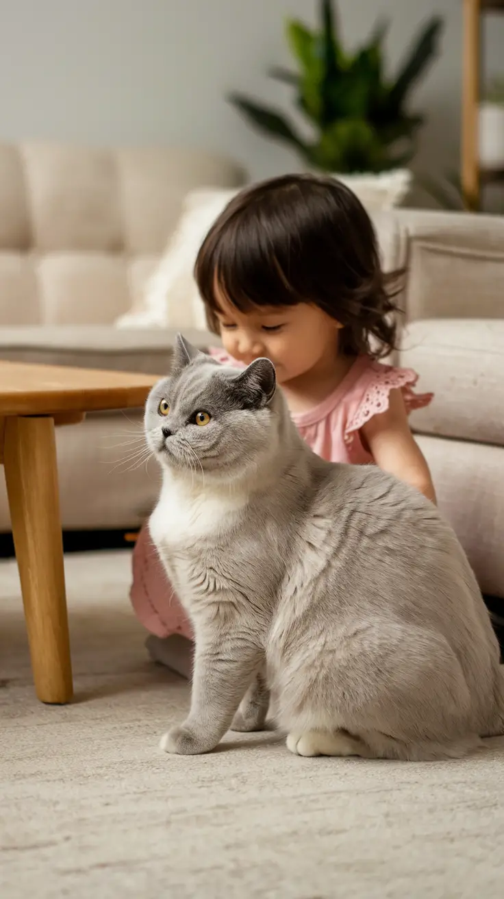 A child lovingly pets a British Shorthair cat in a cozy home. A child lovingly pets a blue-cream color pattern British Shorthair cat in a cozy home