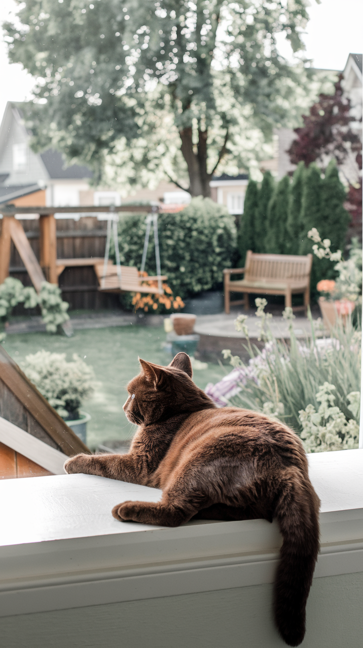 A chocolate British shorthair cat lounges on a sunlit window sill, observing a lively suburban backyard scene