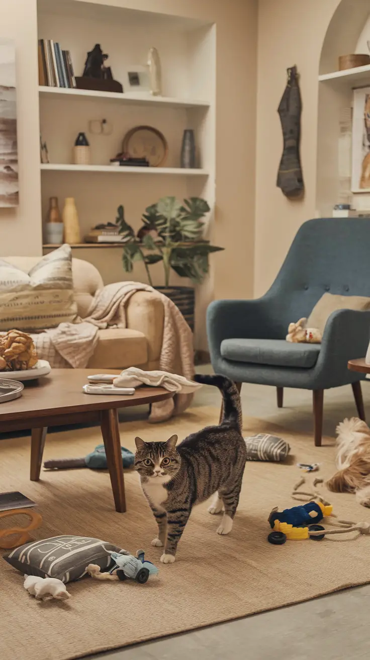 A cozy living room with a tabby British shorthair cat, dog, and scattered toys