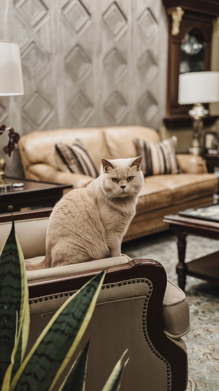 A cream British Shorthair cat sits on an armchair in a cozy living room