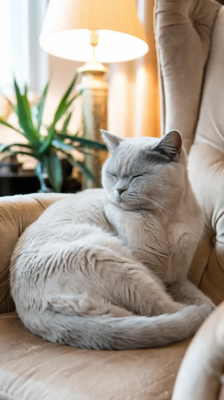 A British Shorthair cat sits on a cream throw by a window. A cream-blue British Shorthair cat resting gracefully in a warmly lit living room