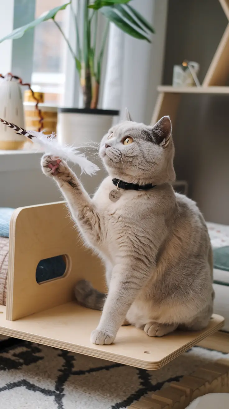 A British Shorthair cat plays with a feather toy in a cozy, well-equipped room. A cream/grey British Shorthair cat plays with a feather toy in a cozy, well-equipped room