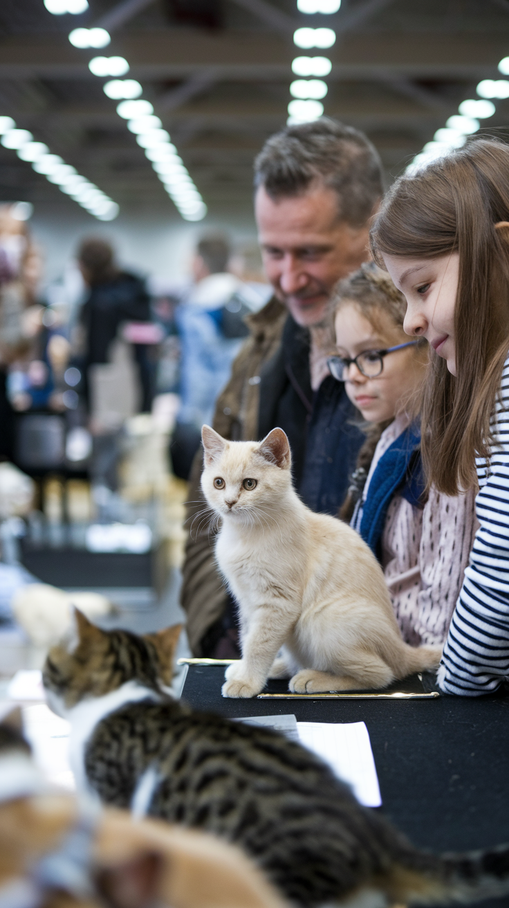 A family observing a cream British Shorthair kitten at a cat show