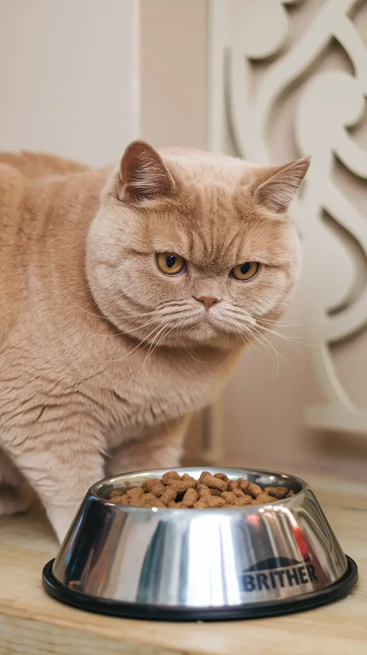 A ginger British Shorthair cat eagerly waits beside a bowl of cat food. A ginger British Shorthair cat eagerly waits beside a bowl of cat food.