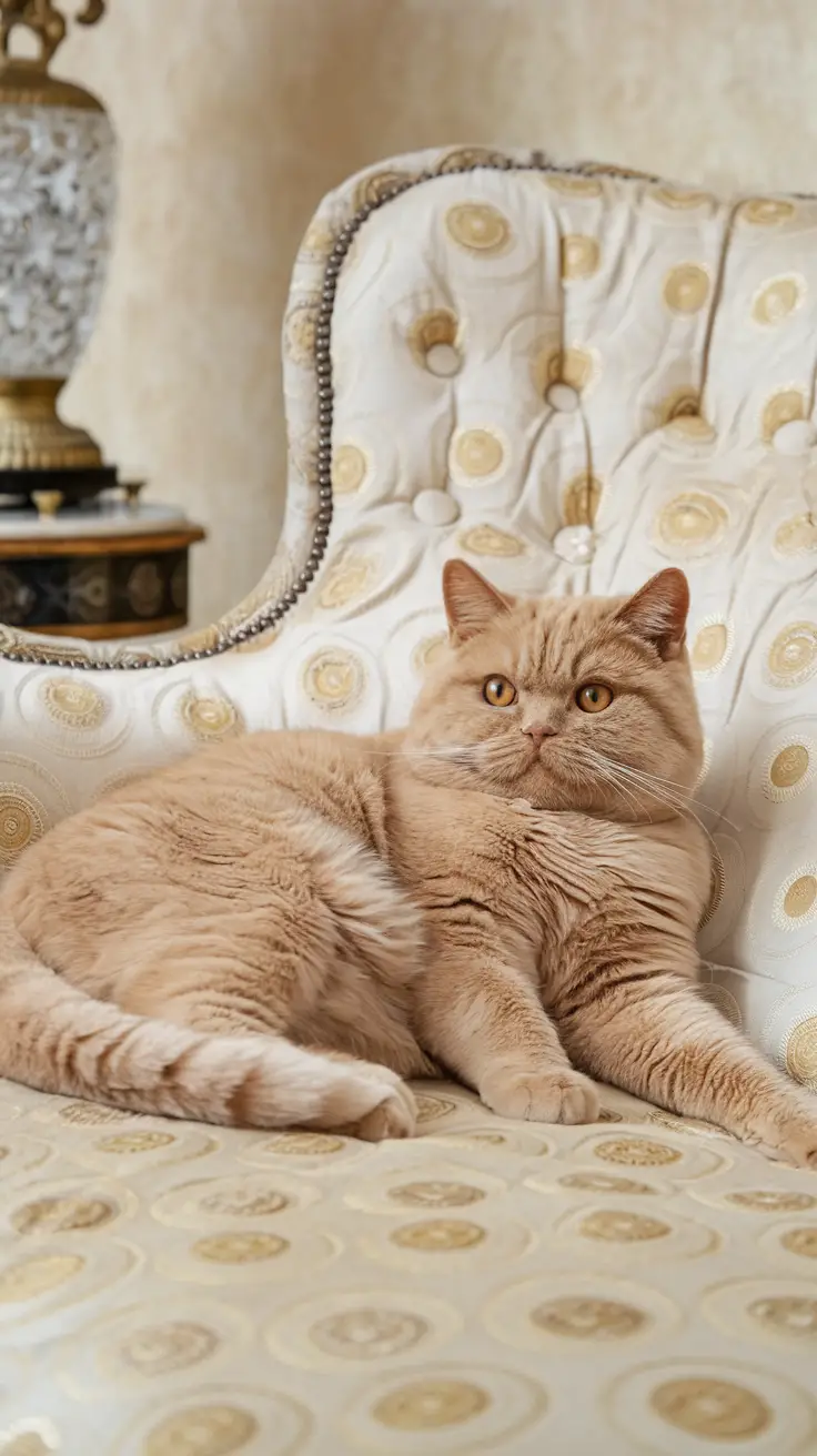 A ginger British Shorthair cat reclining on a plush sofa. A ginger British Shorthair cat reclining on a plush sofa
