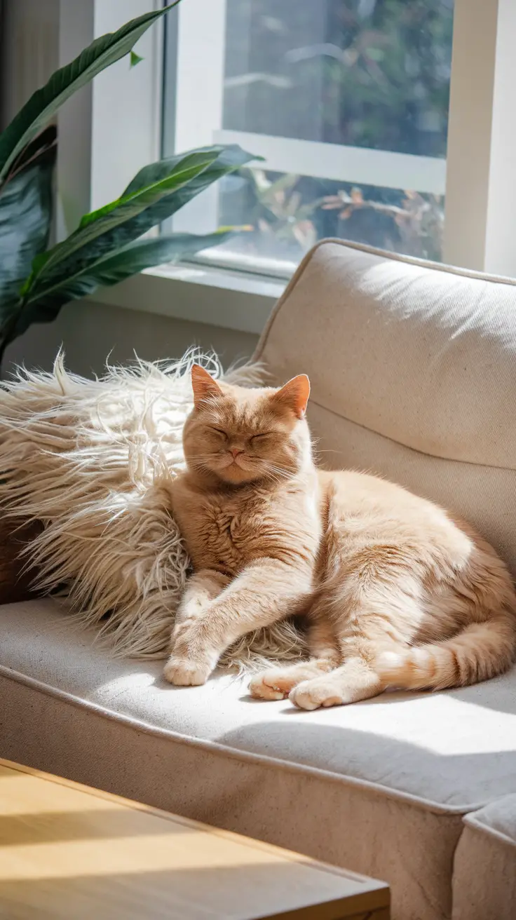A tabby British Shorthair cat relaxes on a cozy throw in a sunlit living room. A ginger British Shorthair cat relaxes on a cozy throw in a sunlit living room.