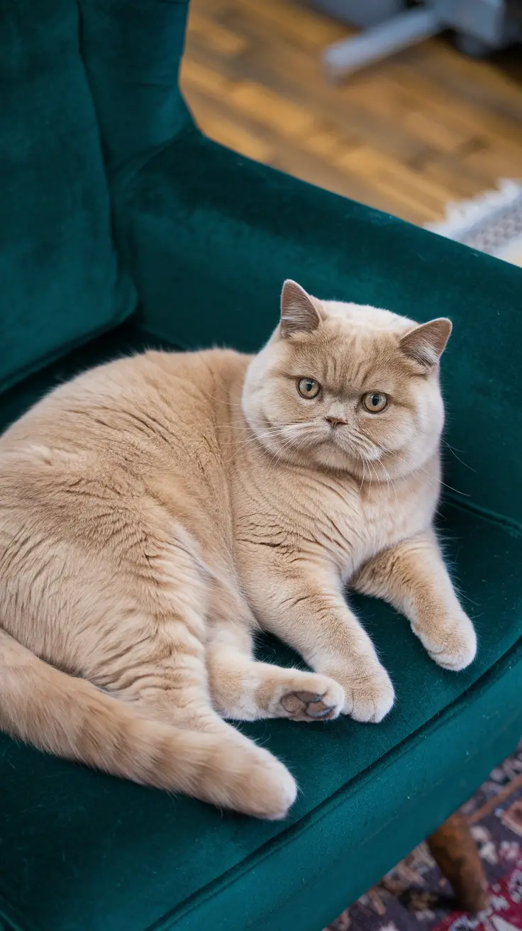 A golden British Shorthair cat lounges on a deep emerald armchair