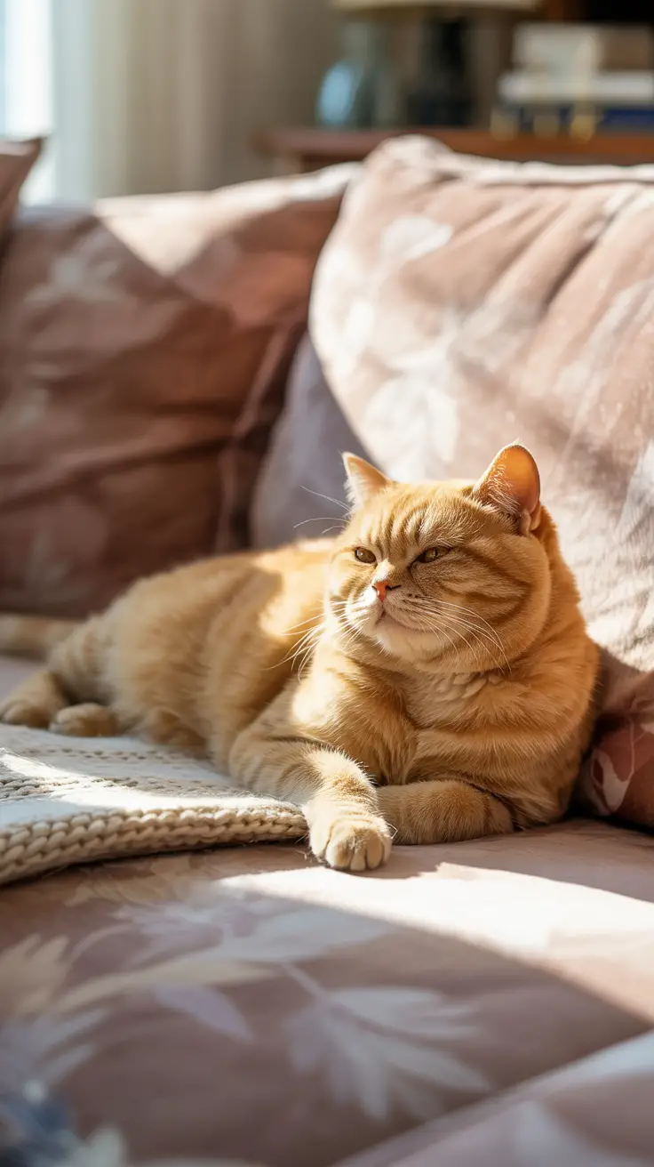 A golden British Shorthair cat peacefully napping on a cozy sofa