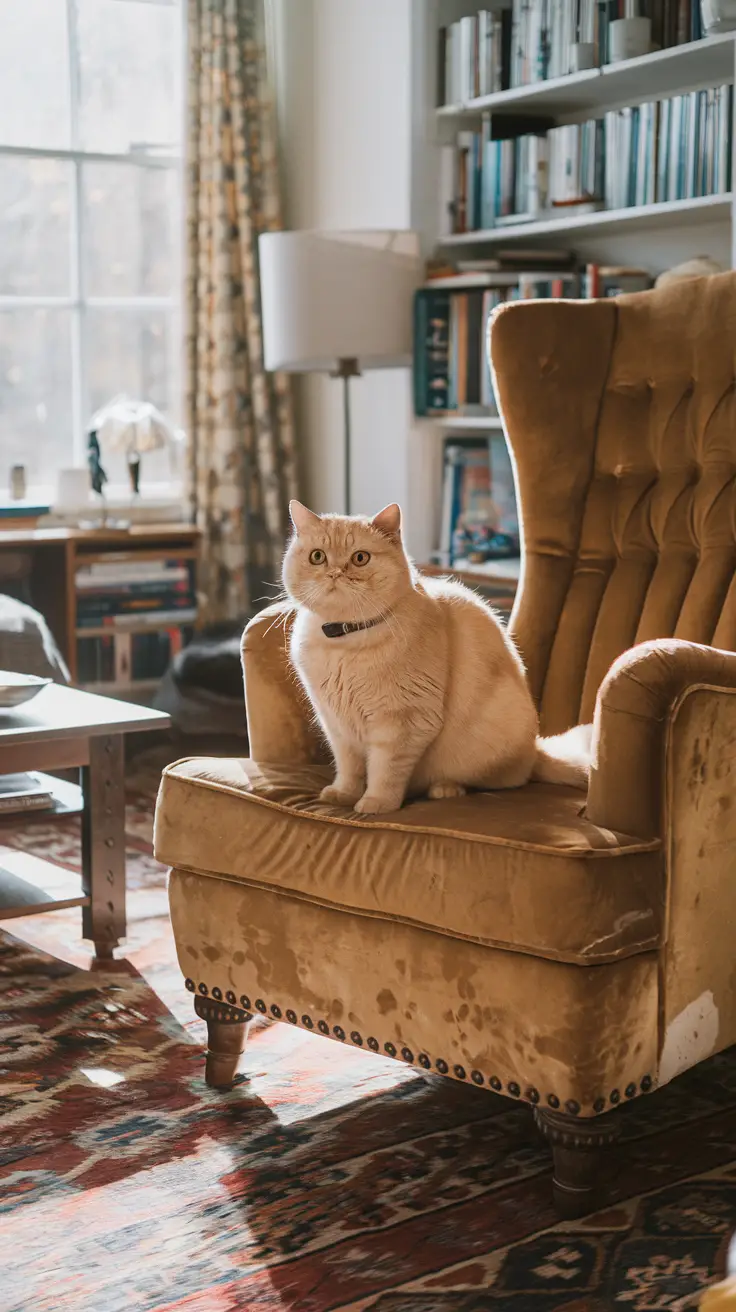 A golden British Shorthair cat sits on a velvet armchair in a sunlit living room