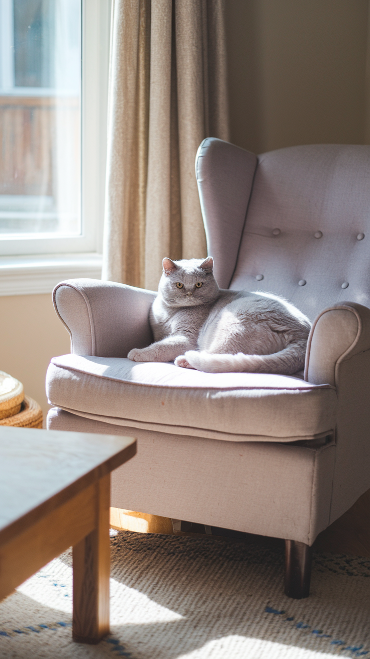 A lilac British Shorthair cat lounges on a cozy armchair in a sunlit living room