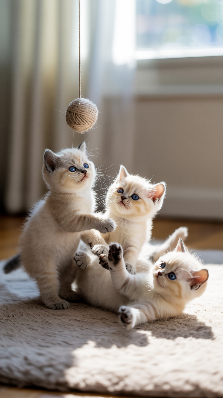A litter of Colorpoint British Shorthair kittens play on a soft rug.