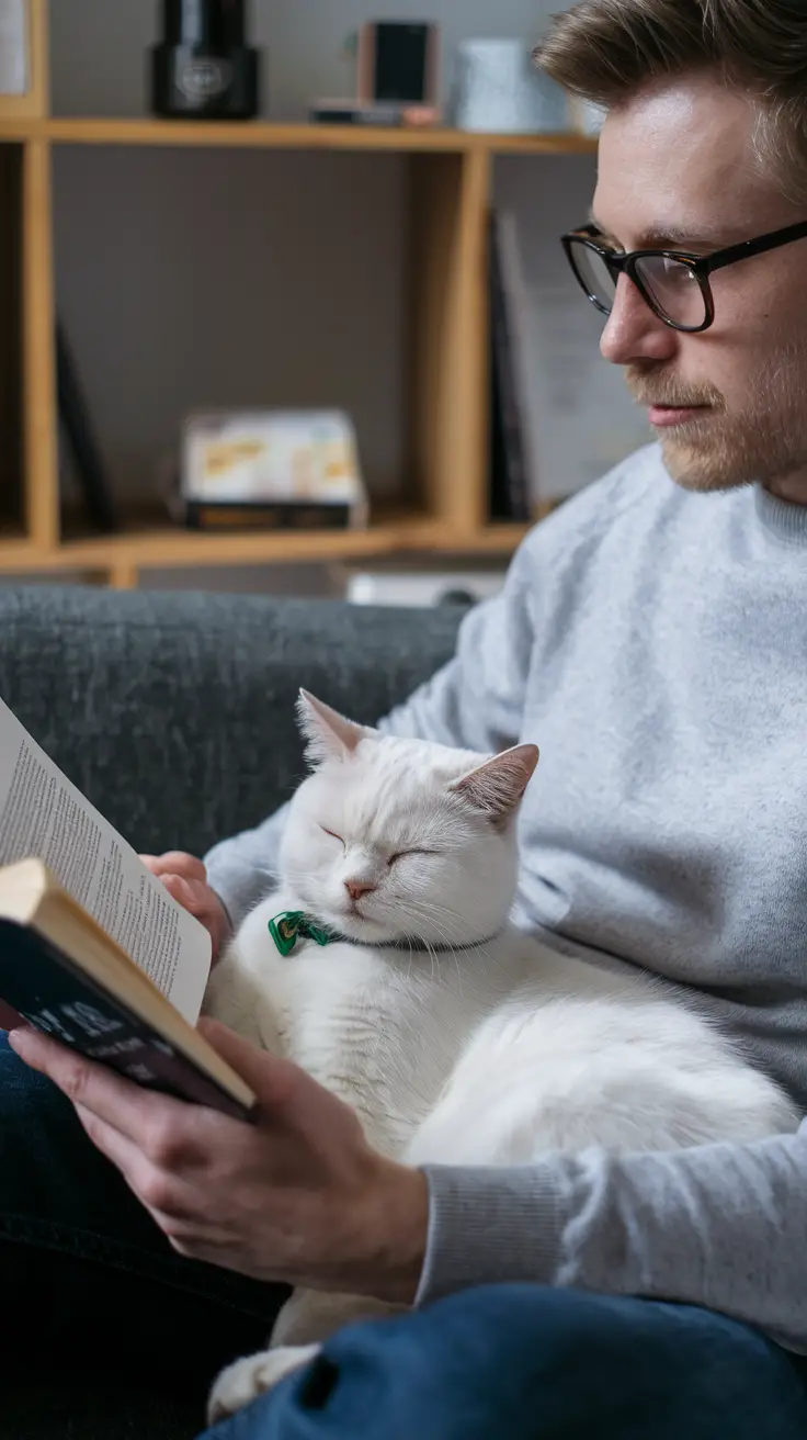 A man reads a book while sitting next to a sleeping cat. A man reads a book while sitting next to a sleeping white British shorthair cat