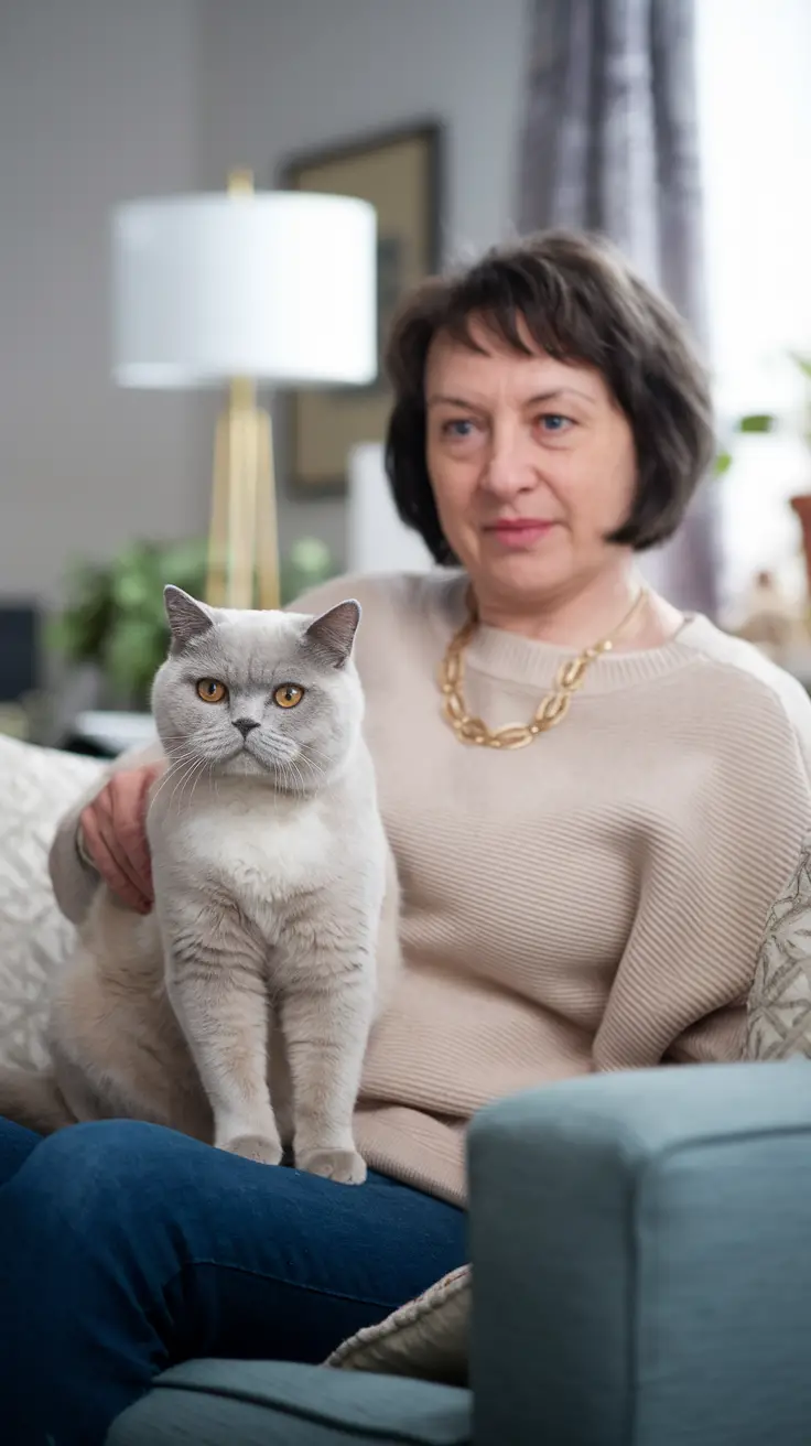 A middle-aged woman sits on a sofa with her British Shorthair cat. A middle-aged woman sits on a sofa with her cream/blue British Shorthair cat.