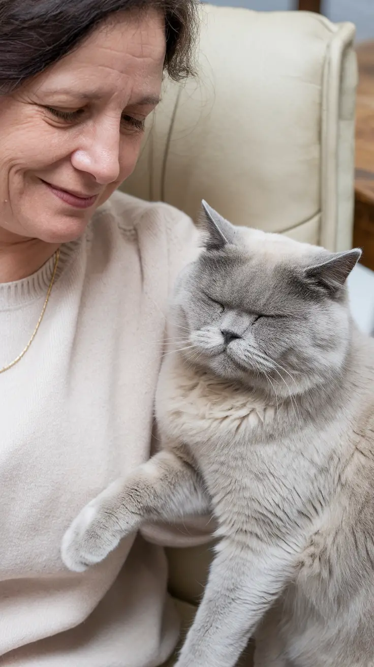 A middle-aged woman sits with a content smile next to a tabby cat. A middle-aged woman sits with a content smile next to a blue-cream British shorthair cat