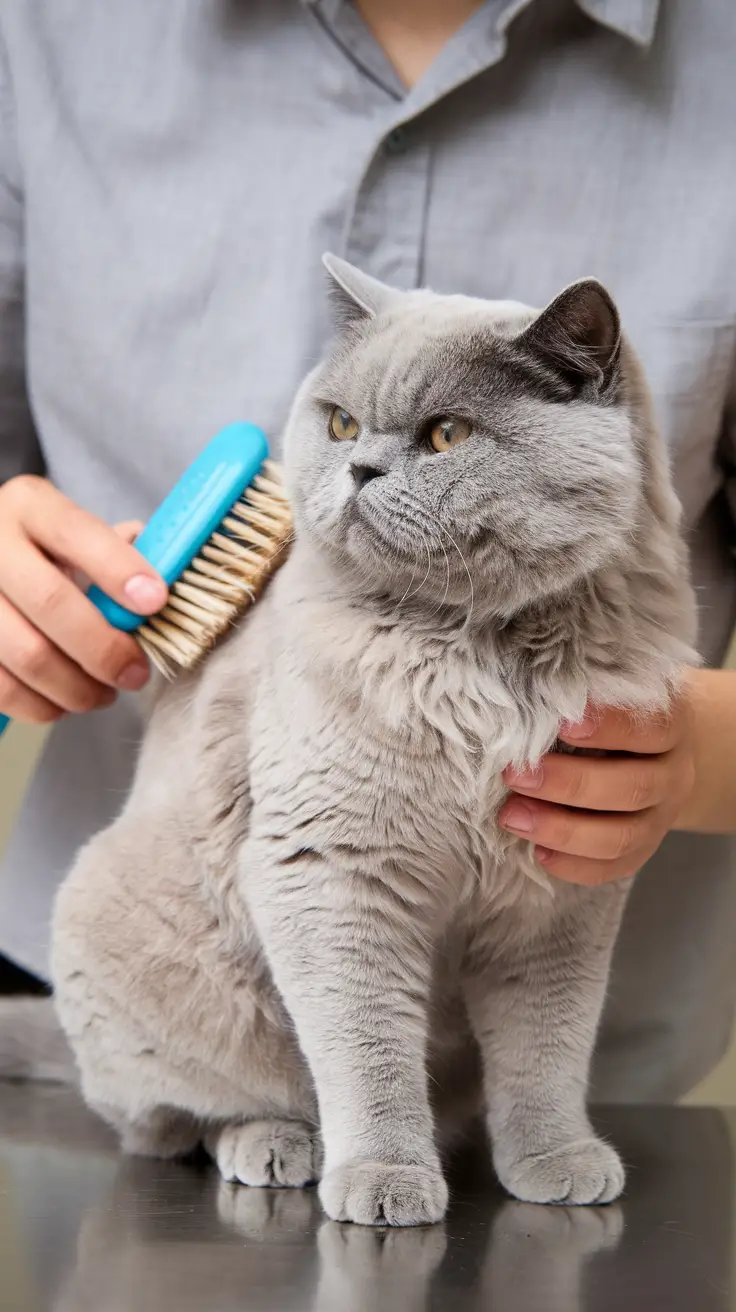 A person gently brushes a Blue-Cream British Shorthair cat's dense coat. A person gently brushes a Blue-Cream British Shorthair cat's dense coat