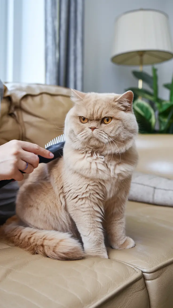 A person grooming a golden British Shorthair cat on a beige sofa