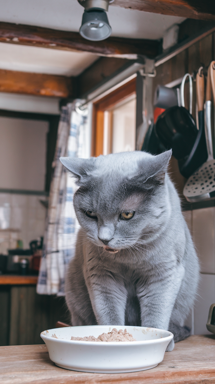 A photo of a Colorpoint British Shorthair cat eating in a rustic kitchen