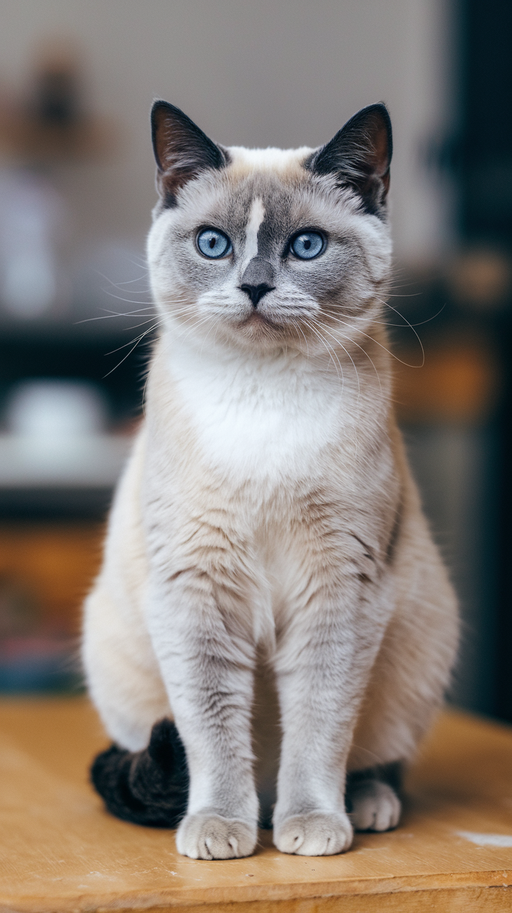 A photo of a Colorpoint British Shorthair cat with a striking blue eyes