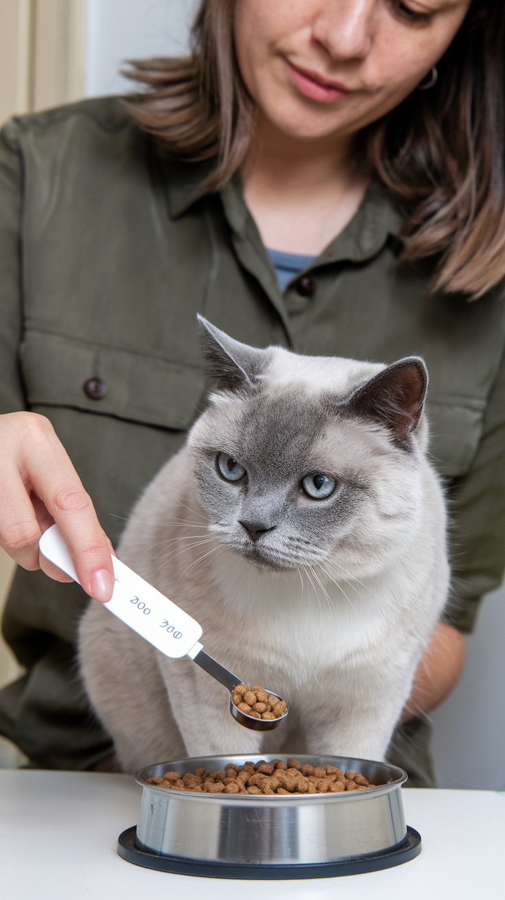 A photo of a woman measuring cat food while her Colorpoint British Shorthair cat waits. The cat has a grey coat with blue eyes. The woman is wearing a green shirt and has brown hair.