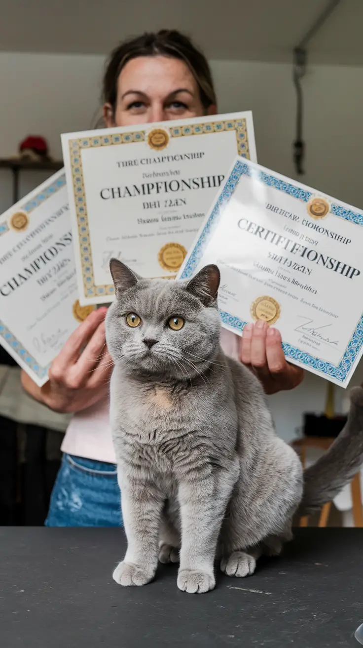 A proud woman holds three championship certificates for her Tabby British Shorthair cat