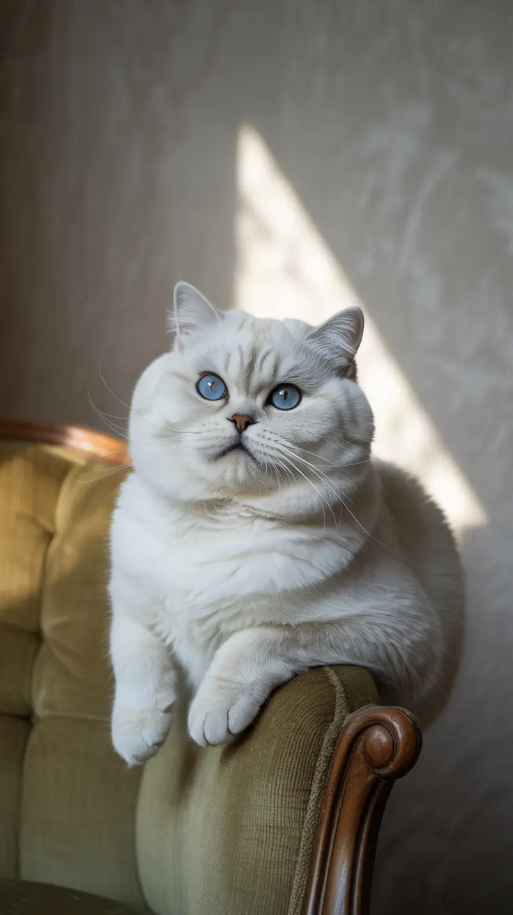A rare White British Shorthair cat with a plush coat sits on a chair. A rare White British Shorthair cat with a plush coat sits on a chair.