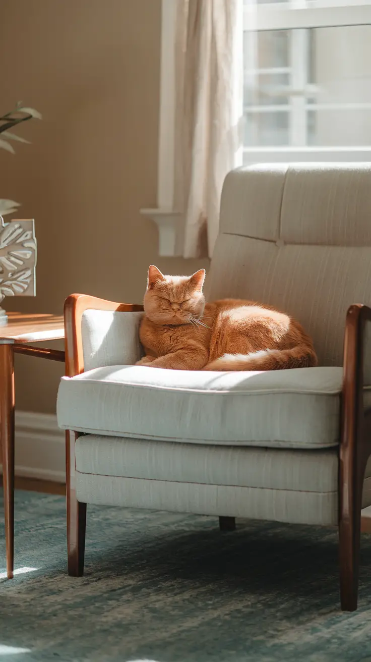 A red cat rests on a cushioned armchair in a sunlit living room. A red British shorthai cat rests on a cushioned armchair in a sunlit living room