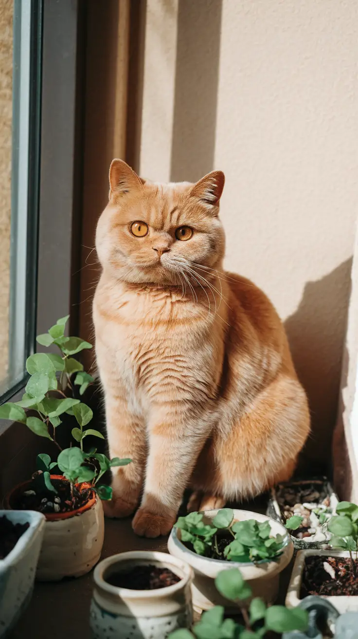 A grey British Shorthair cat sits on a sunlit windowsill. A red-ginger British Shorthair cat sits on a sunlit windowsill