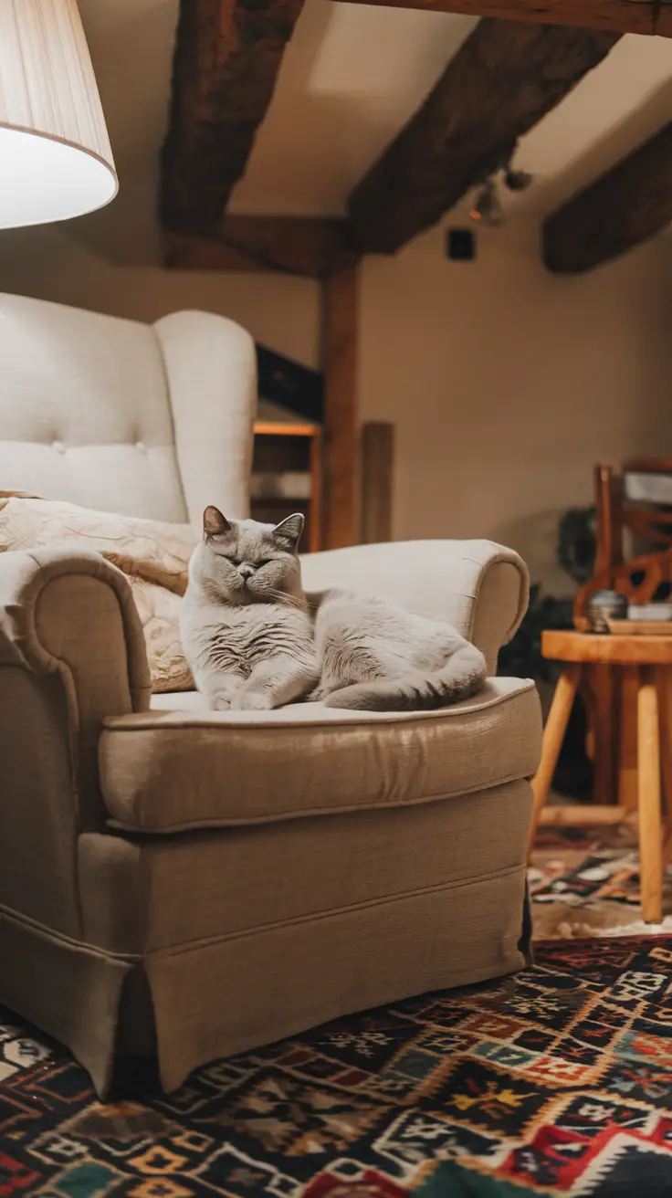 A relaxed tabby cat lounges on a cozy armchair in a warm living room. A relaxed blue-cream british shorthair cat lounges on a cozy armchair in a warm living room.