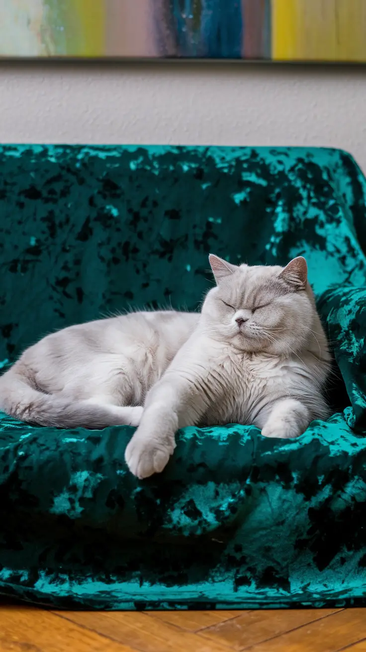 A relaxed British Shorthair cat lies on an emerald velvet blanket. A relaxed white British Shorthair cat lies on an emerald velvet blanket