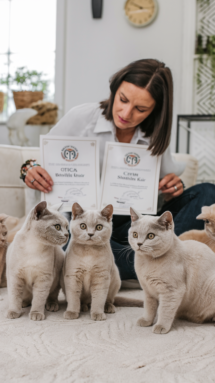 A reputable cat breeder is carefully examining official TICA and CFA certificates while surrounded by cream British Shorthair kittens and adult cats in a well-furnished room