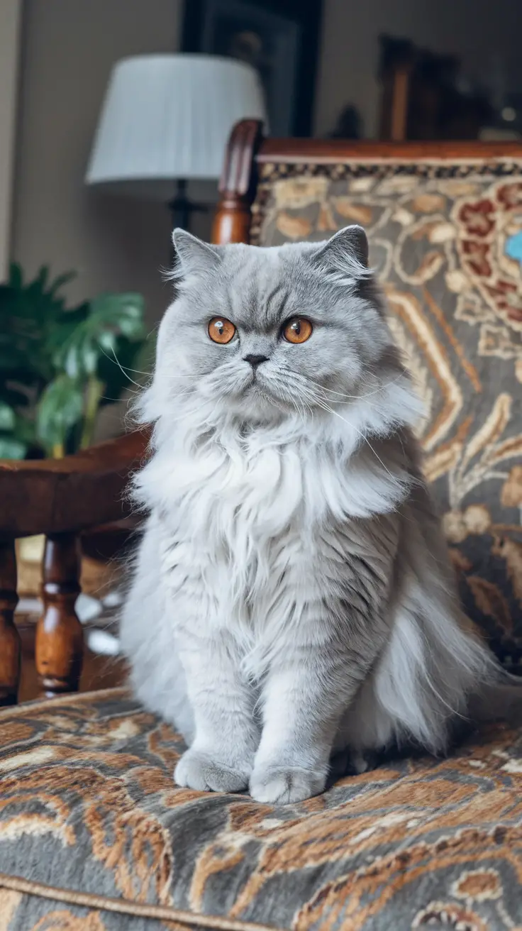 A silver tabby British Shorthair cat with amber eyes sitting on a chair