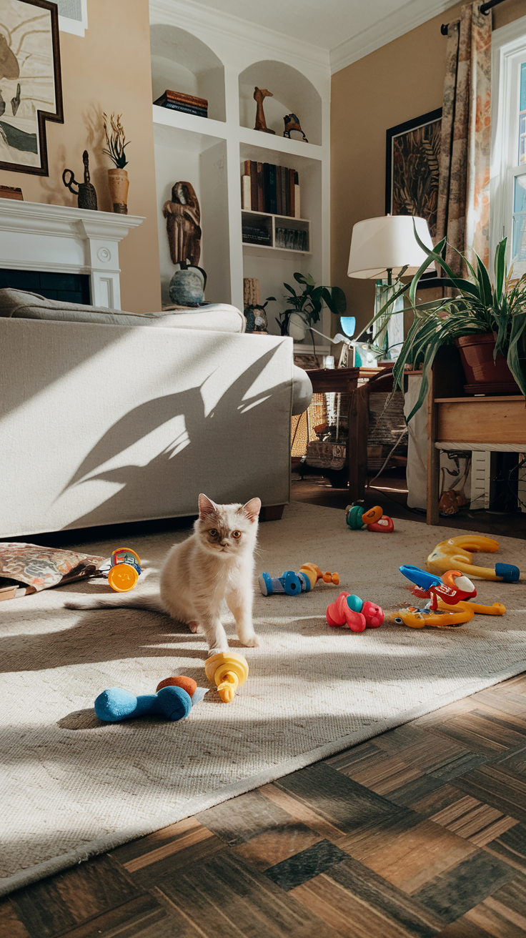 A sunlit living room with a playful cream British shorthair kitten and scattered toys