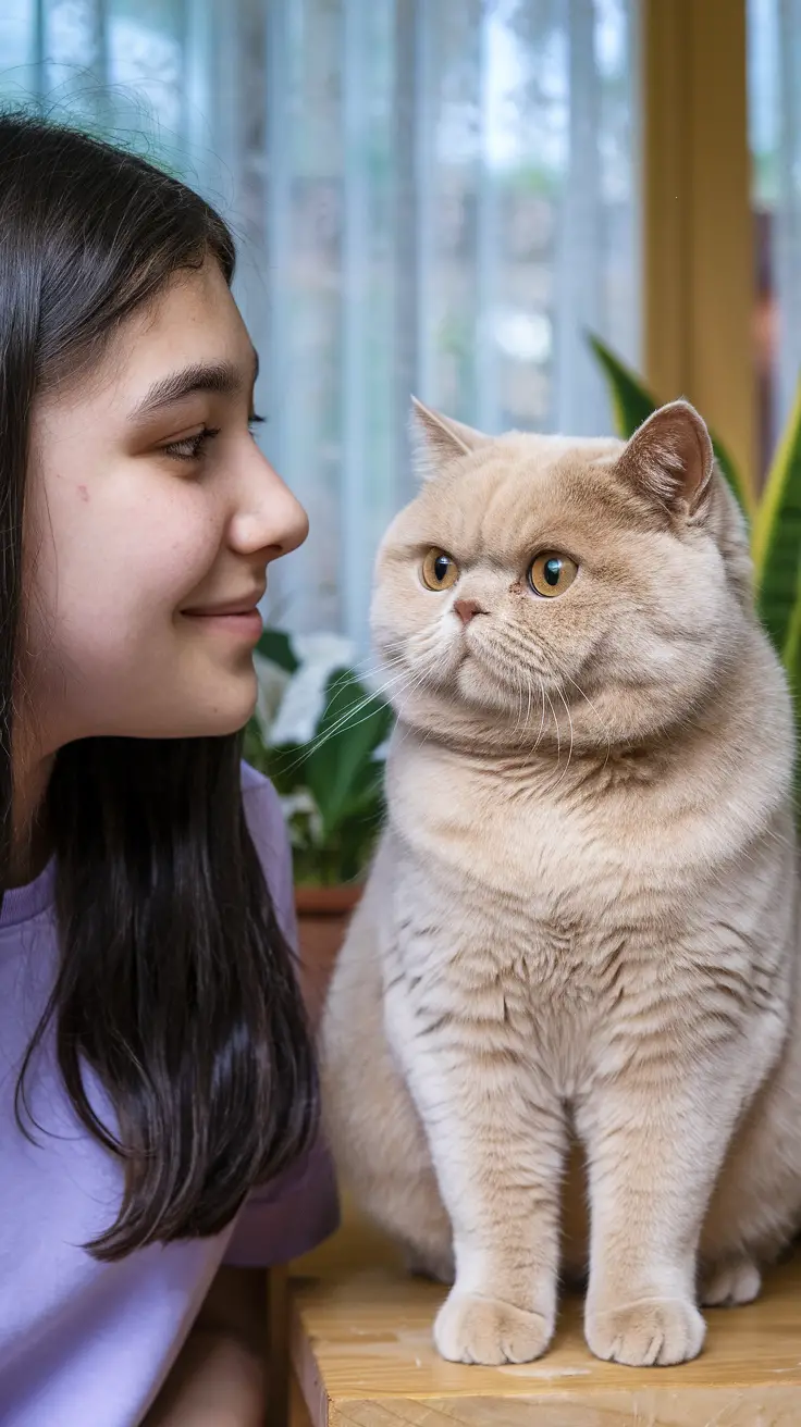 A teenage girl gazes affectionately at a golden british shorthair cat