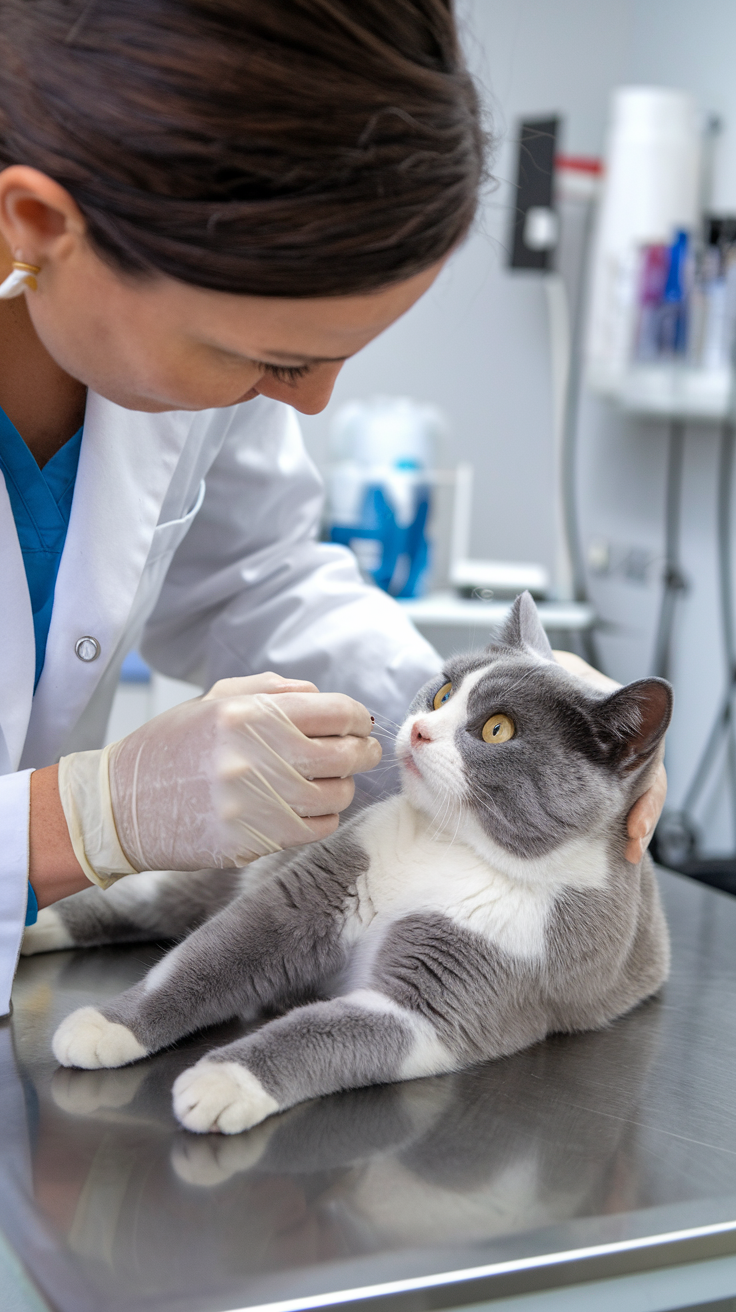 A veterinarian examines a colorpoint British shorthair cat in a clinic