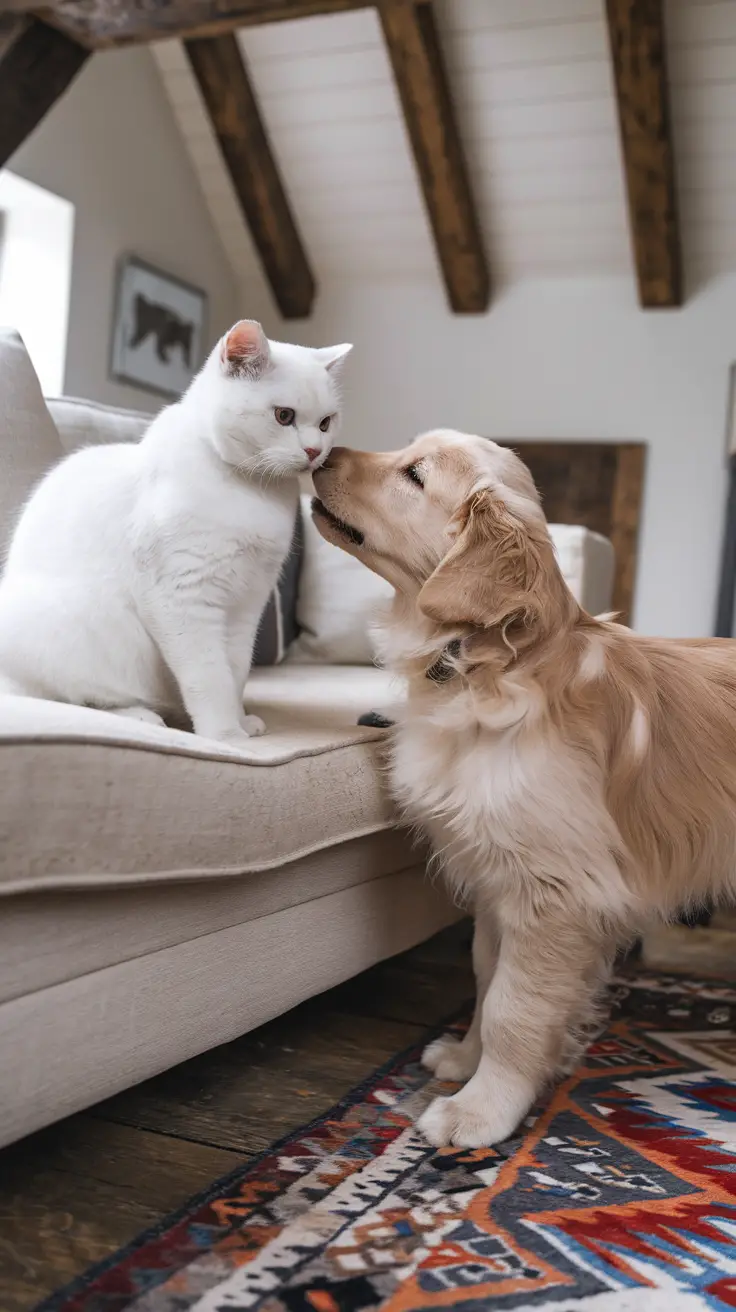 A British Shorthair cat and a golden retriever puppy enjoy peaceful companionship. A white British Shorthair cat and a golden retriever puppy enjoy peaceful companionship