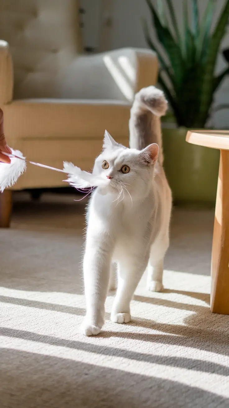 A British Shorthair cat playing with a feather wand toy in a sunlit living room. A white British Shorthair cat playing with a feather wand toy in a sunlit living room