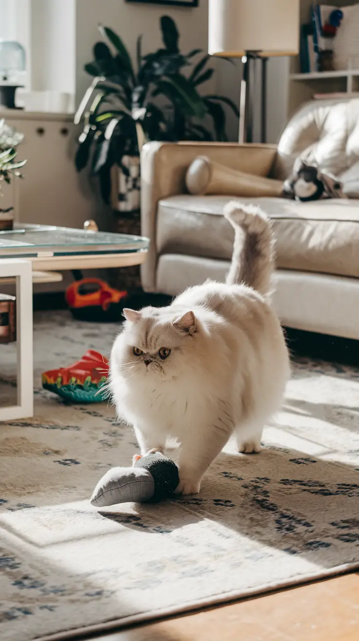 A white British Shorthair cat plays with a mouse toy in a sunlit living room. A white British Shorthair cat plays with a mouse toy in a sunlit living room